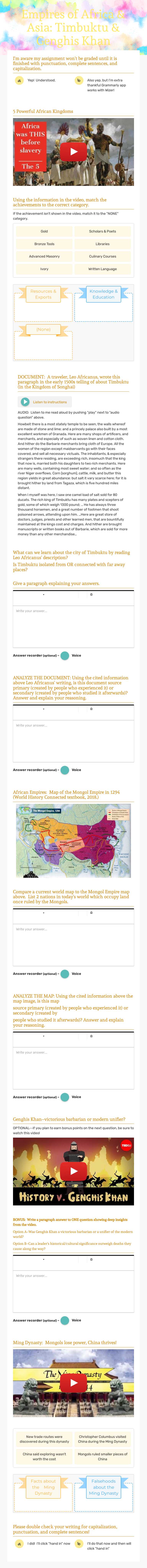 Empires of Africa & Asia:  Timbuktu & Genghis Khan Grade 9 worksheet preview