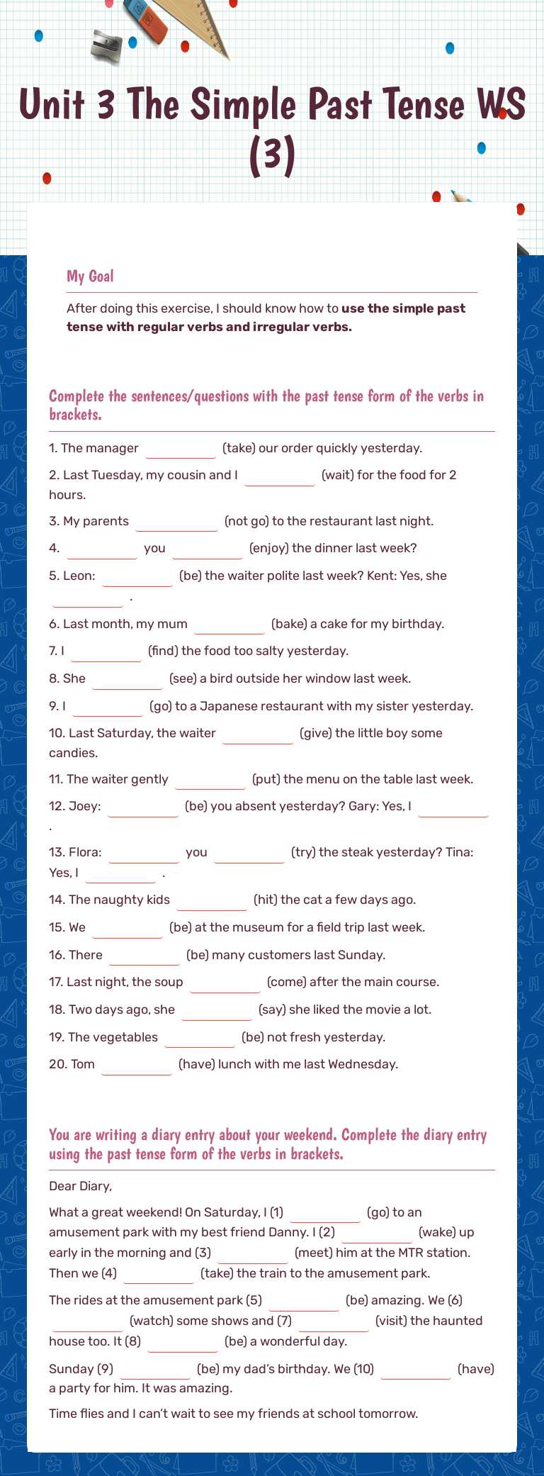 Unit 3 The Simple Past Tense WS (3) worksheet preview image