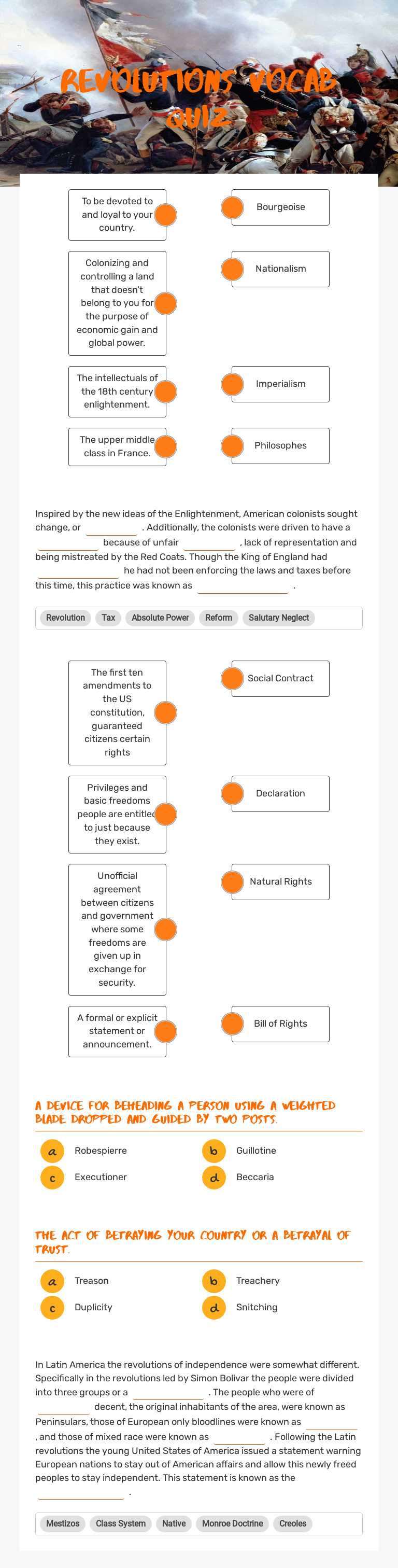 revolutions Vocab Quiz Grade 7 worksheet preview