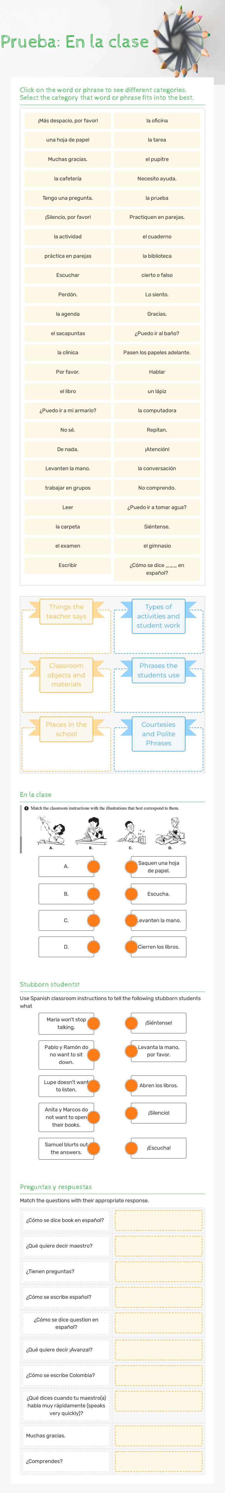 Prueba: En la clase worksheet preview image