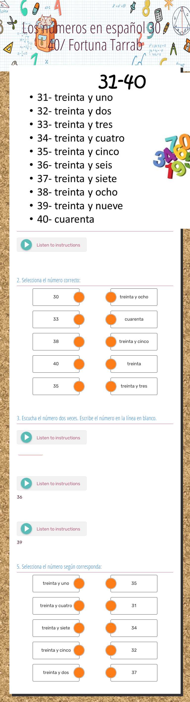 Los números en español  
       30 - 40/ Fortuna Tarrab Grade 6 worksheet preview