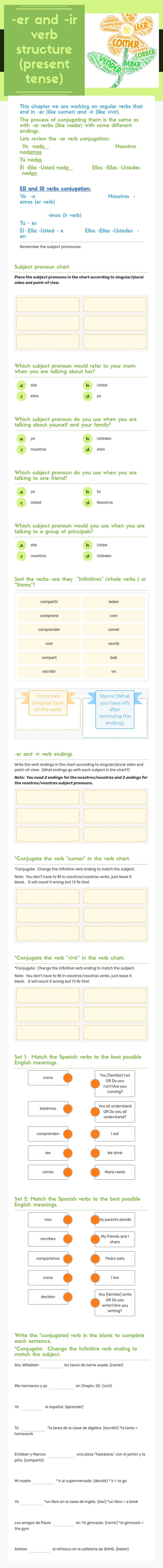 -er and -ir verb structure (present tense) worksheet preview image