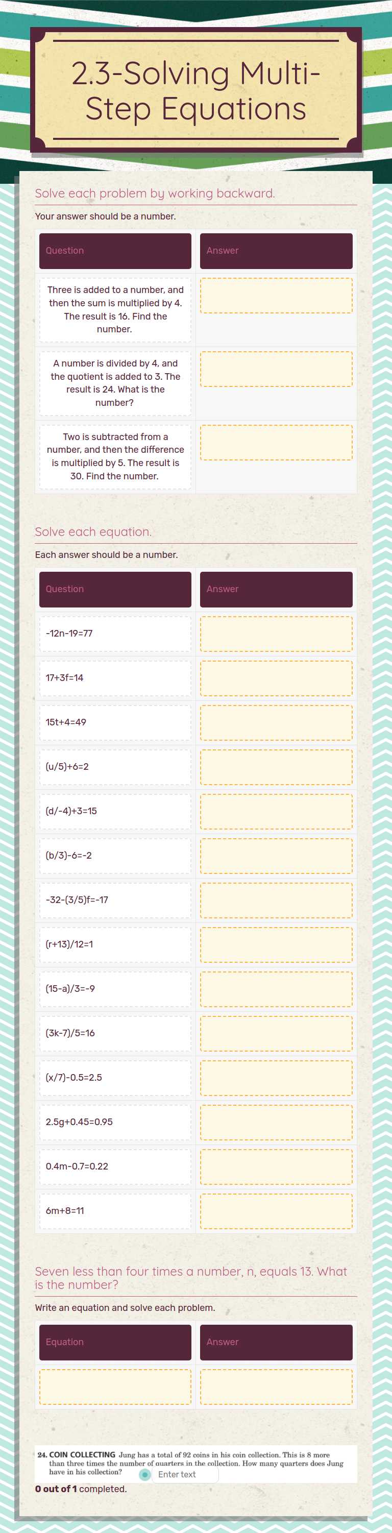 2.3-Solving Multi-Step Equations worksheet preview image