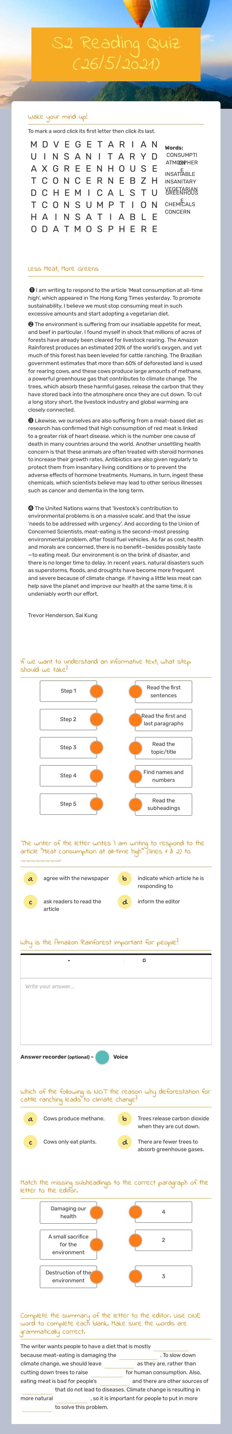 S2 Reading Quiz 
(26/5/2021) Grade 7 worksheet preview