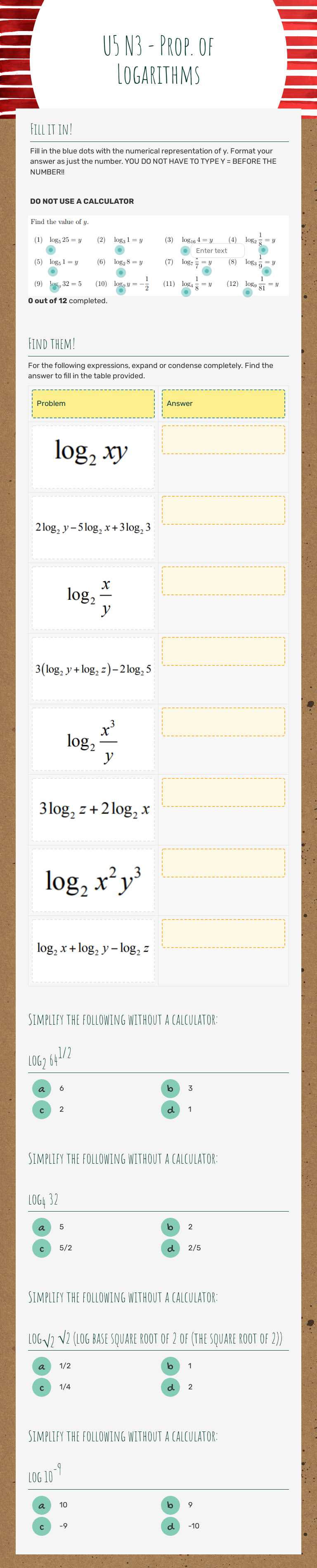 U5 N3 - Prop. of Logarithms worksheet preview image