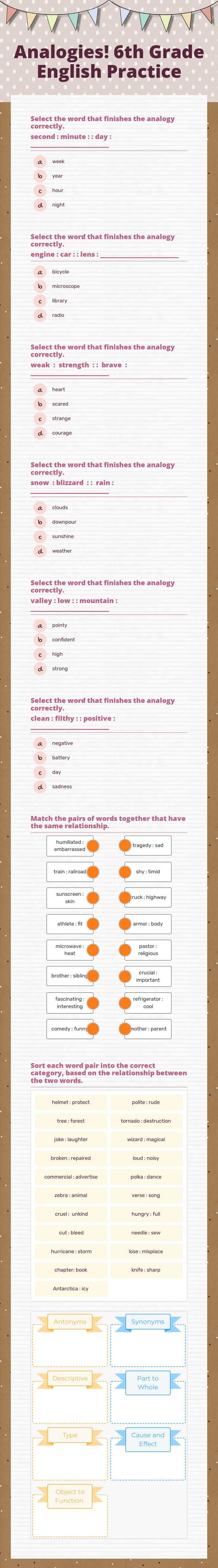Analogies!
6th Grade English Practice worksheet preview image