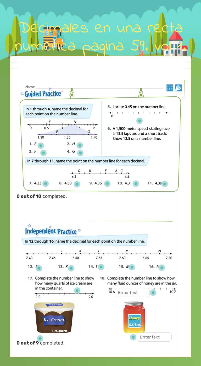 Decimales en una recta numerica pagina 59. vol 1. worksheet preview image