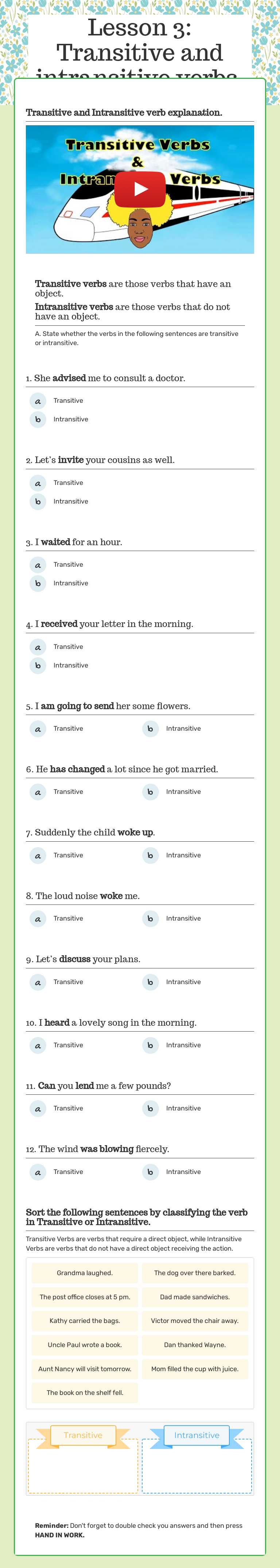 Lesson 3: Transitive and intransitive verbs. Grade 5 worksheet preview
