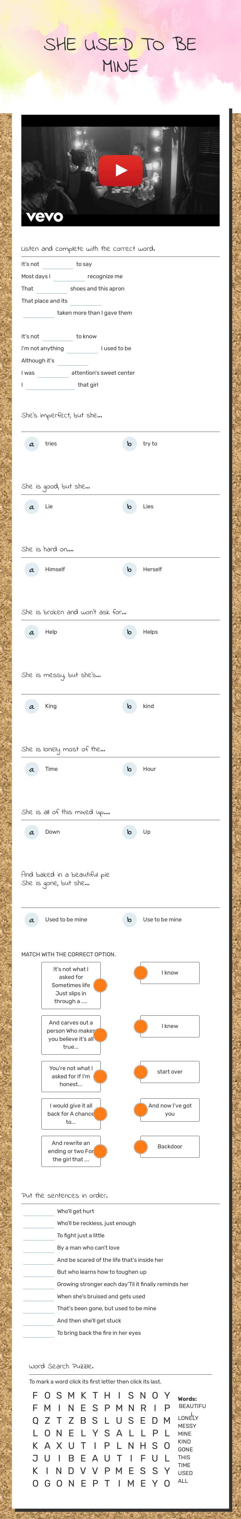 SHE USED TO BE MINE worksheet preview image