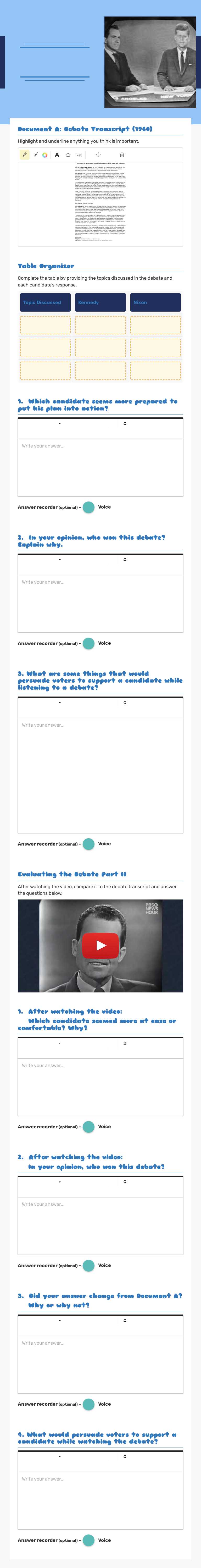1960'S PRESIDENTIAL DEBATE worksheet preview image