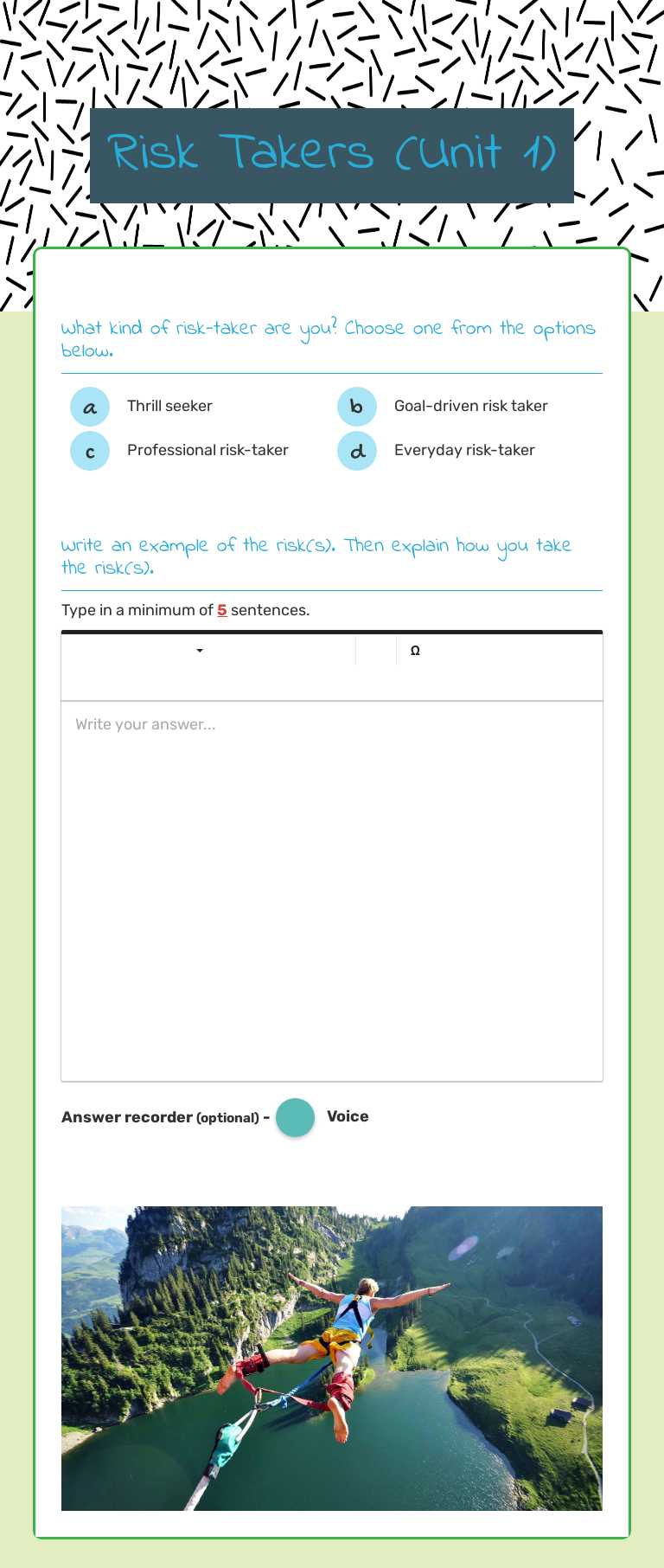 Risk Takers    (Unit 1) worksheet preview image