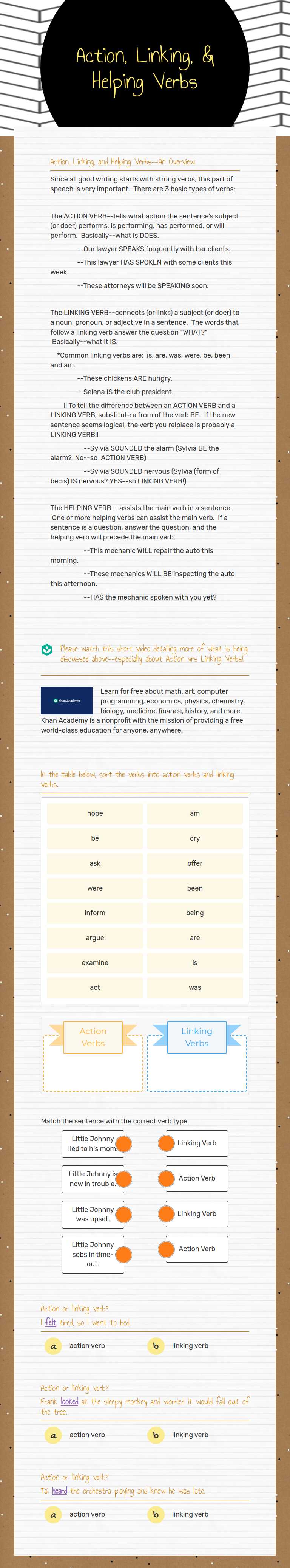 Action, Linking, & Helping Verbs worksheet preview image