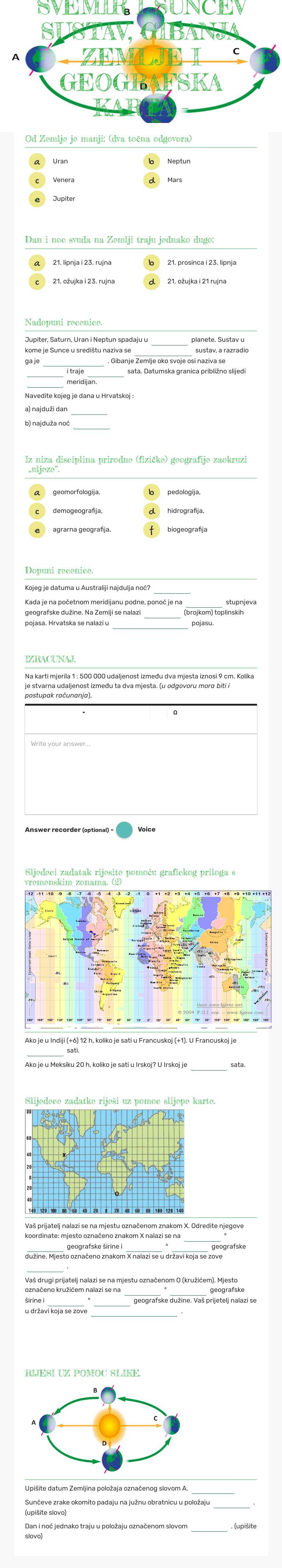 SVEMIR I SUNČEV SUSTAV, GIBANJA ZEMLJE I GEOGRAFSKA KARTA - PONAVLJANJE Grade 9 worksheet preview