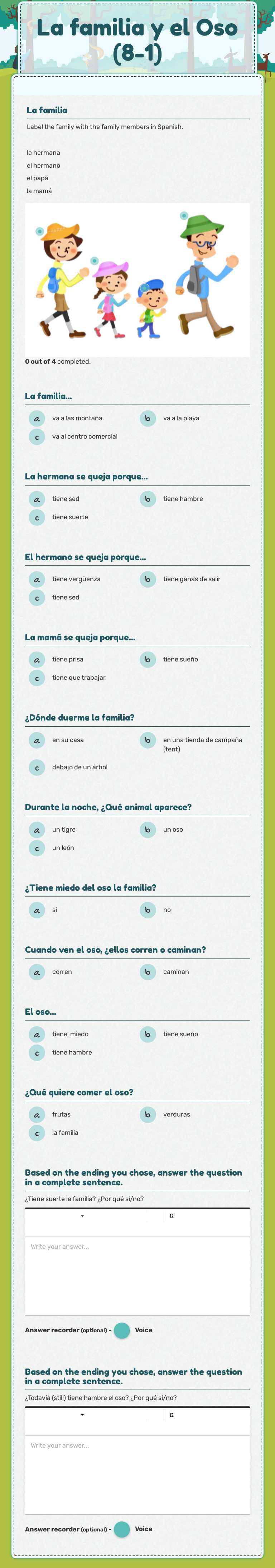 La familia y el Oso (8-1) worksheet preview image