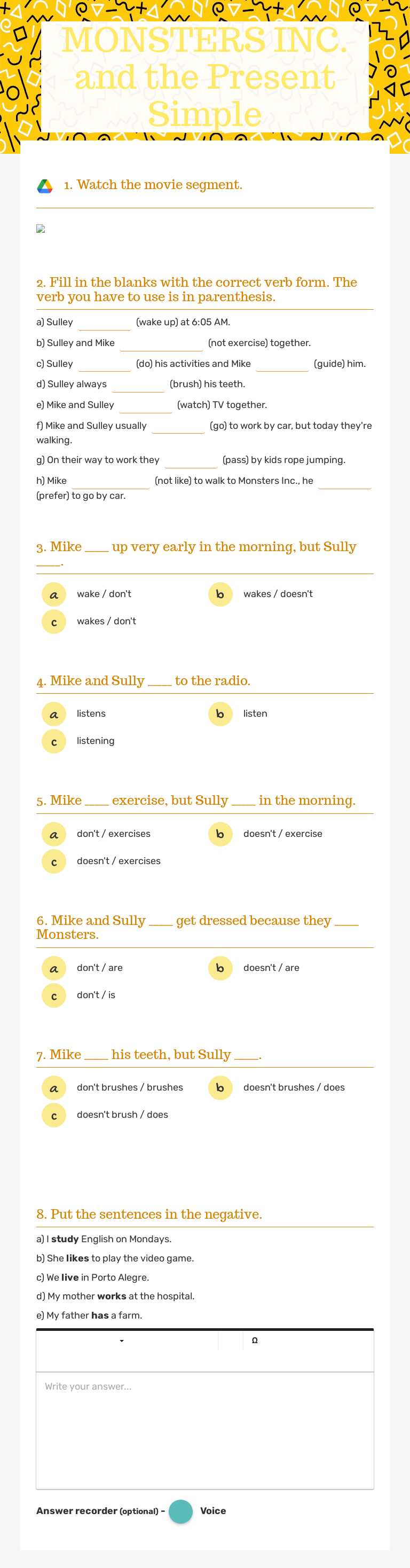 MONSTERS INC.
and the
Present Simple worksheet preview image