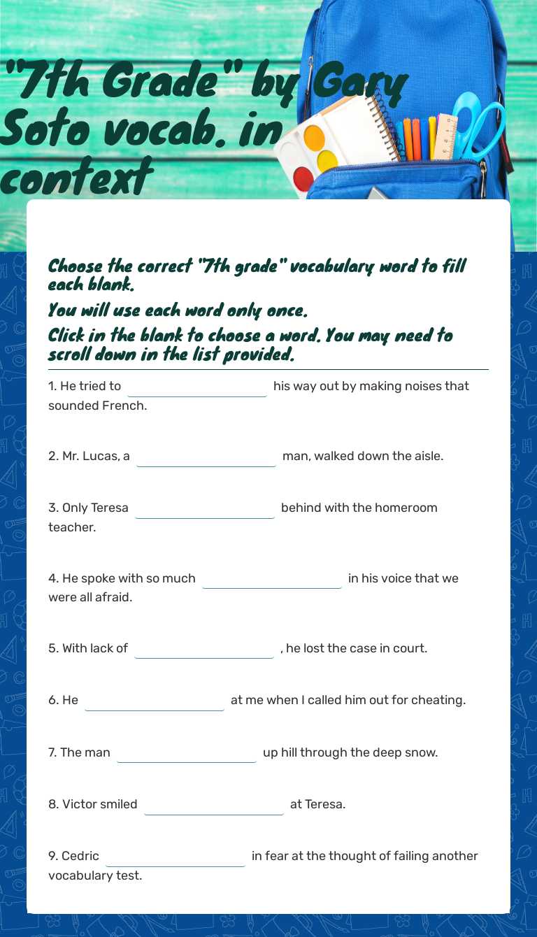 "7th Grade"              by Gary Soto                            vocab. in context worksheet preview image
