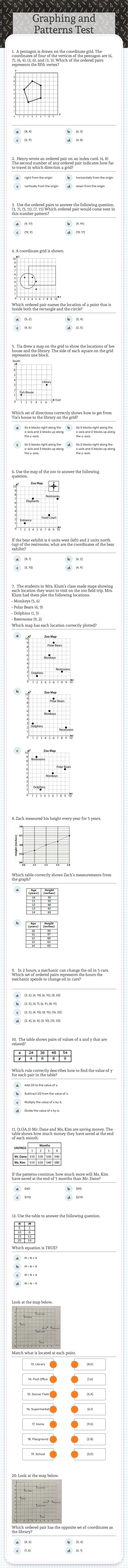 Graphing and Patterns  Test worksheet preview image