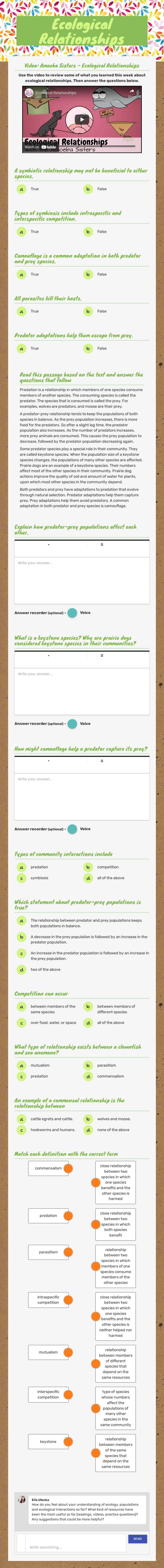 Ecological Relationships worksheet preview image