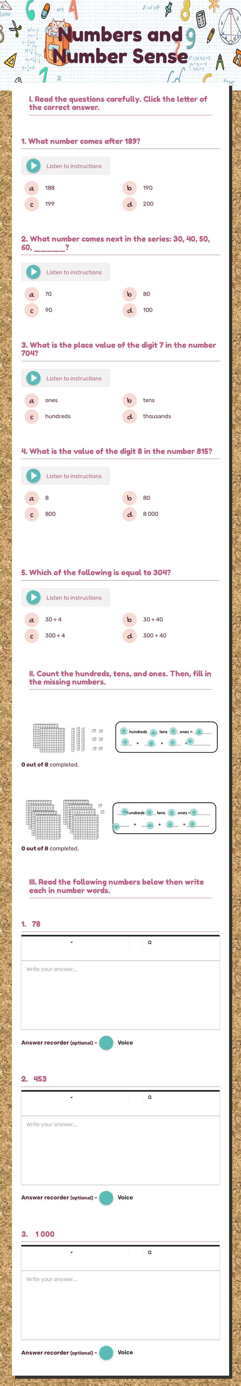 Numbers and Number Sense Grade 2 worksheet preview