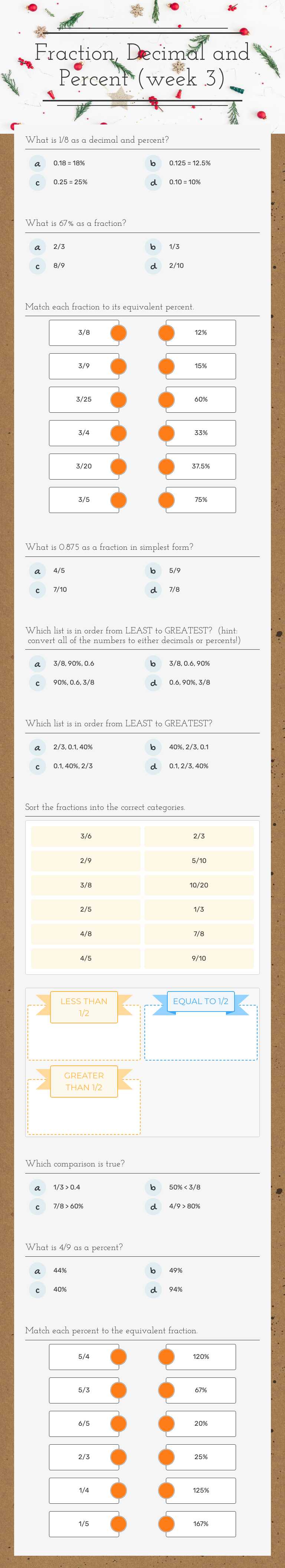 Fraction, Decimal and Percent (week 3) worksheet preview image