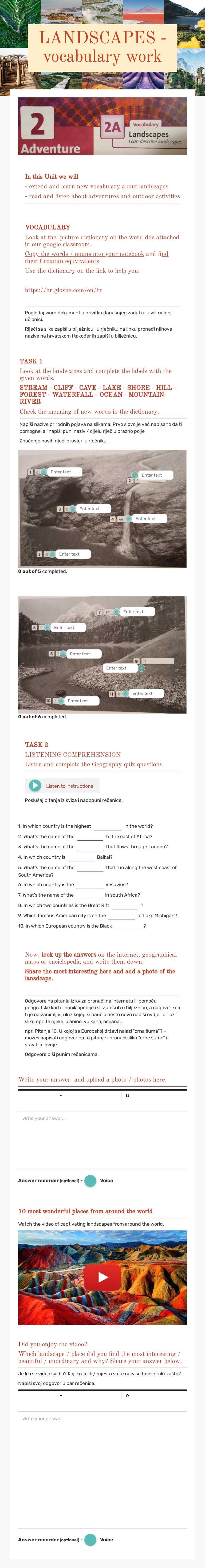 LANDSCAPES - vocabulary work Grade 7 worksheet preview