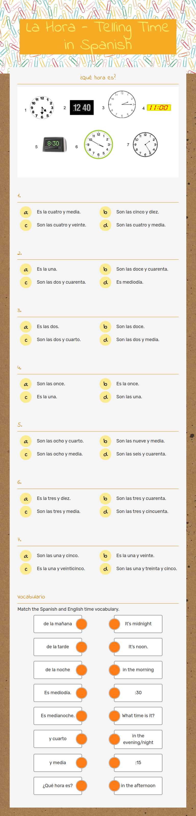 La Hora - Telling Time in Spanish worksheet preview image