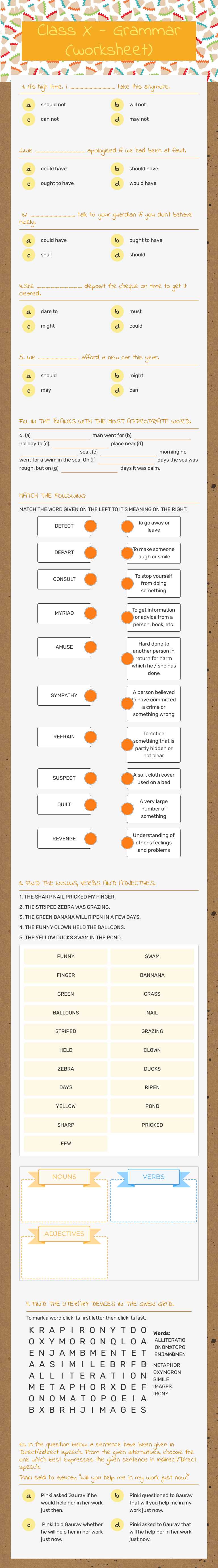 Class X - Grammar (worksheet) worksheet preview image