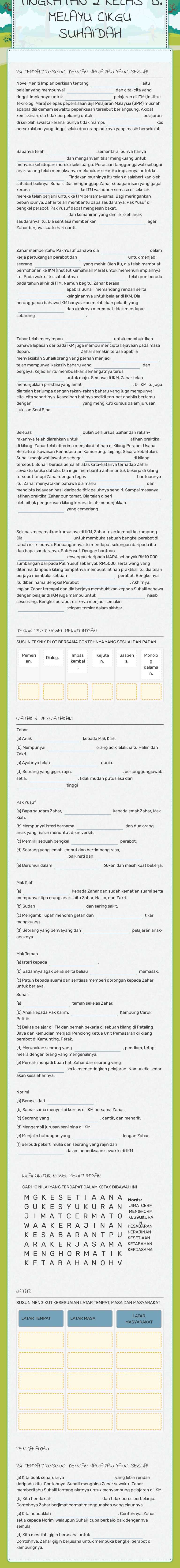 SINOPSIS NOVEL MENITI IMPIAN TINGKATAN 2 KELAS B. MELAYU      CIKGU SUHAIDAH worksheet preview image
