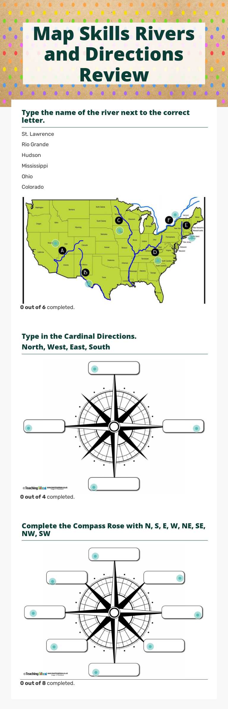Map Skills Rivers and Directions Review worksheet preview image
