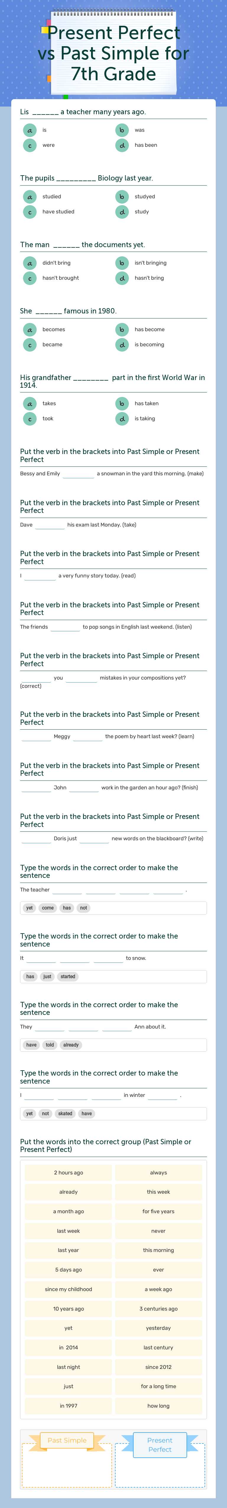 Present Perfect vs Past Simple  
 for 7th Grade worksheet preview image