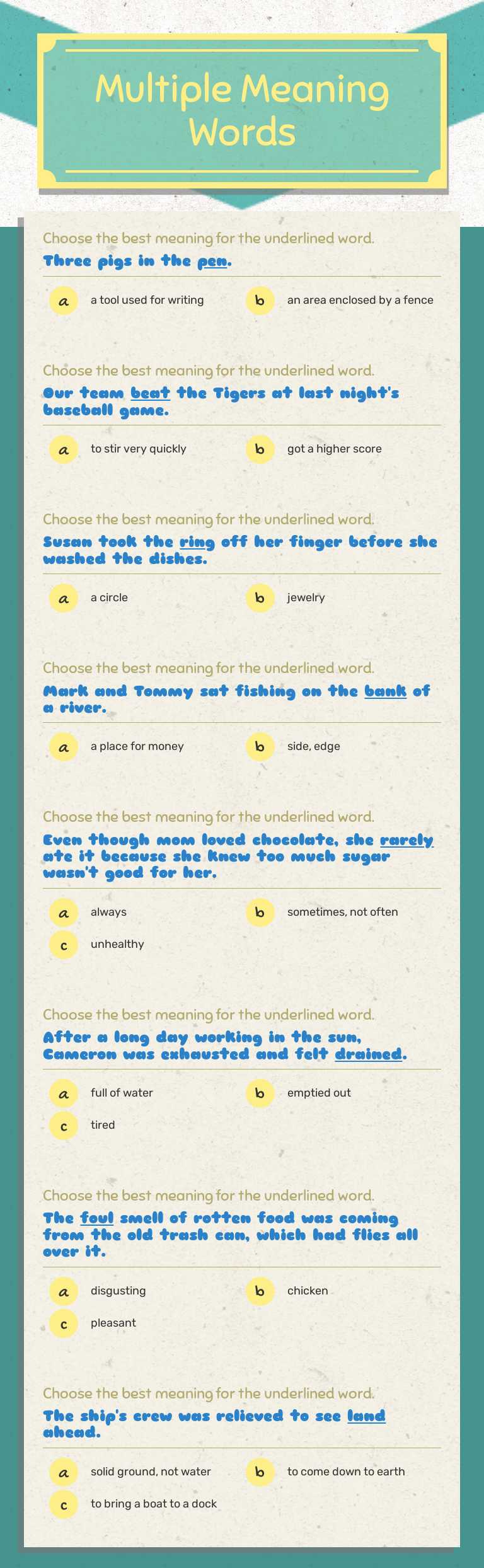 Multiple Meaning Words Grade 2 worksheet preview