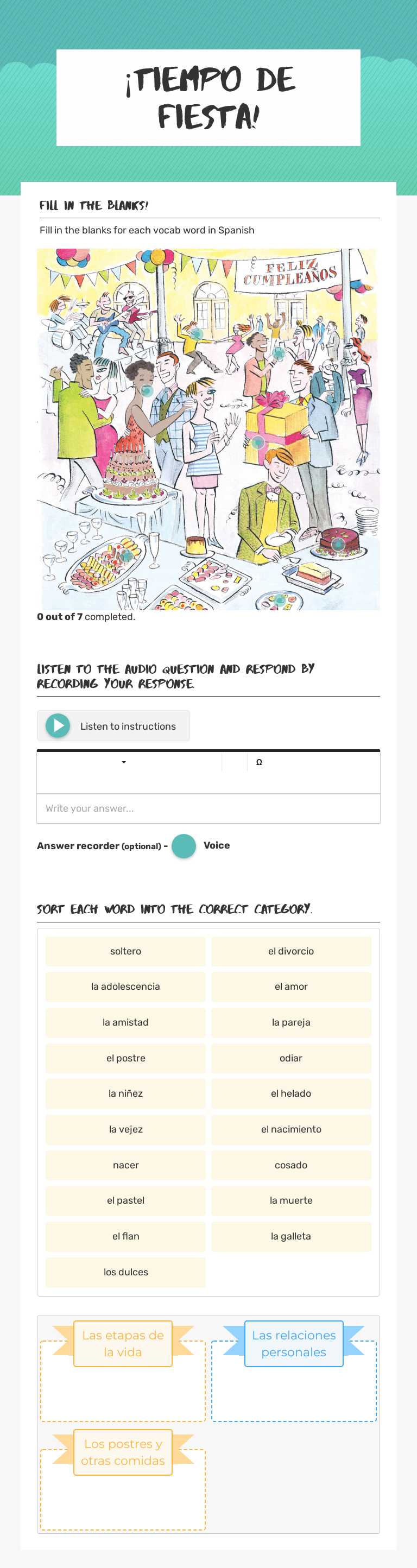 ¡Tiempo de fiesta! worksheet preview image