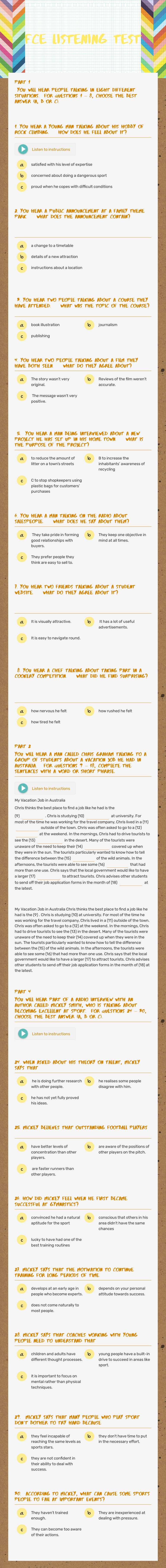 fce listening test worksheet preview image