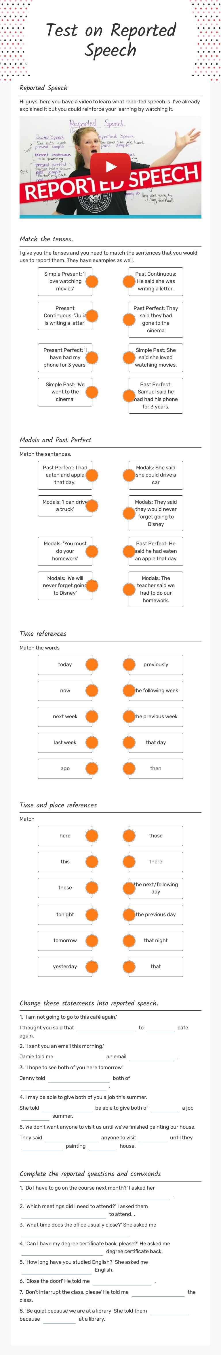 Test on Reported Speech worksheet preview