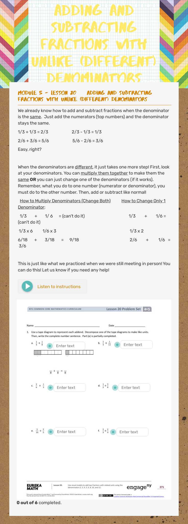 Adding and Subtracting fractions with Unlike (Different) denominators Grade 4 worksheet preview