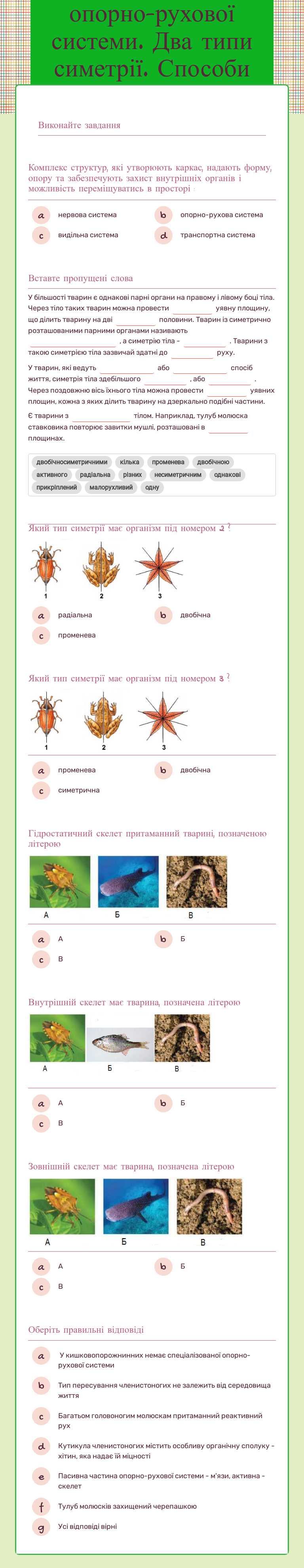 Опора і рух. Види скелета. Значення опорно-рухової системи. Два типи симетрії. Способи пересування безхребетних  тварин Практикум worksheet preview image