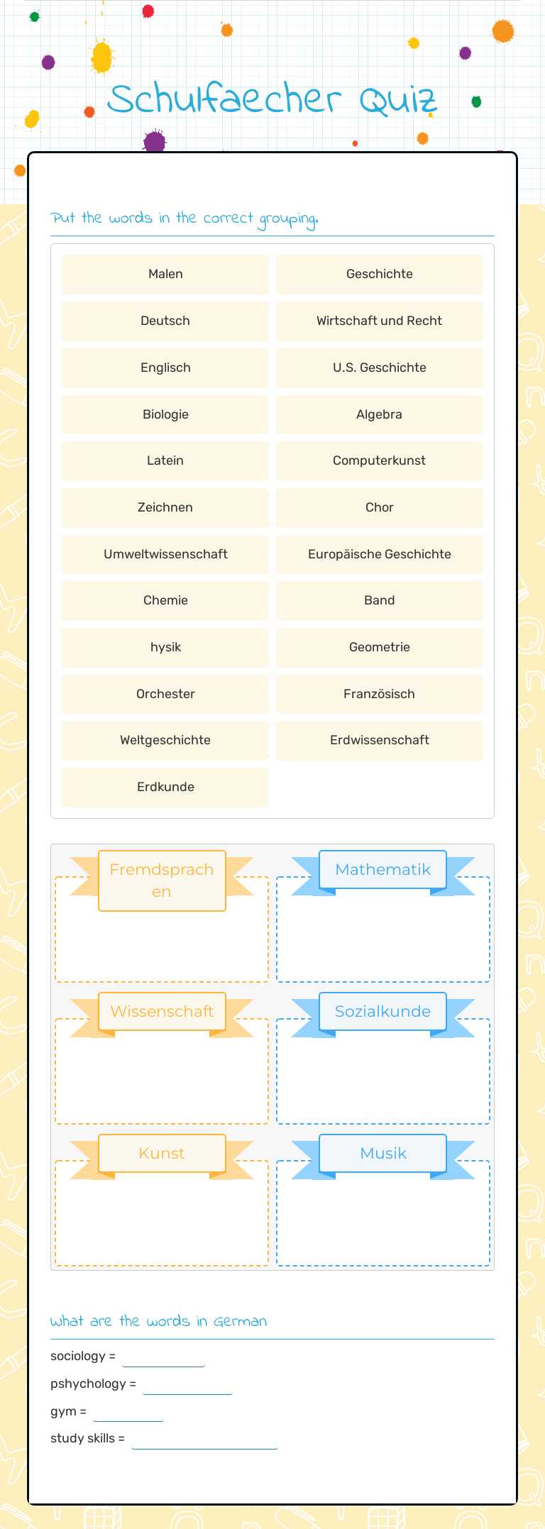 Schulfaecher Quiz worksheet preview image