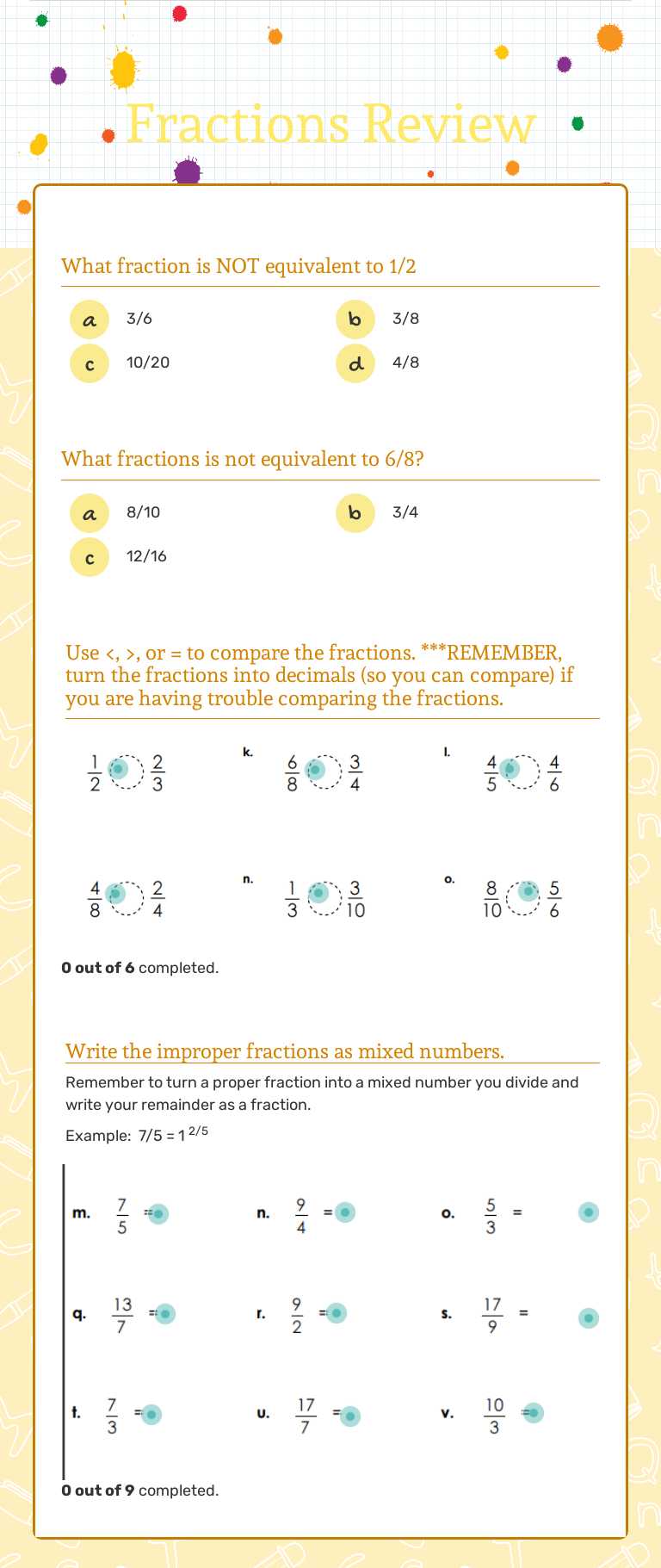 Fractions Review Grade 4 worksheet preview