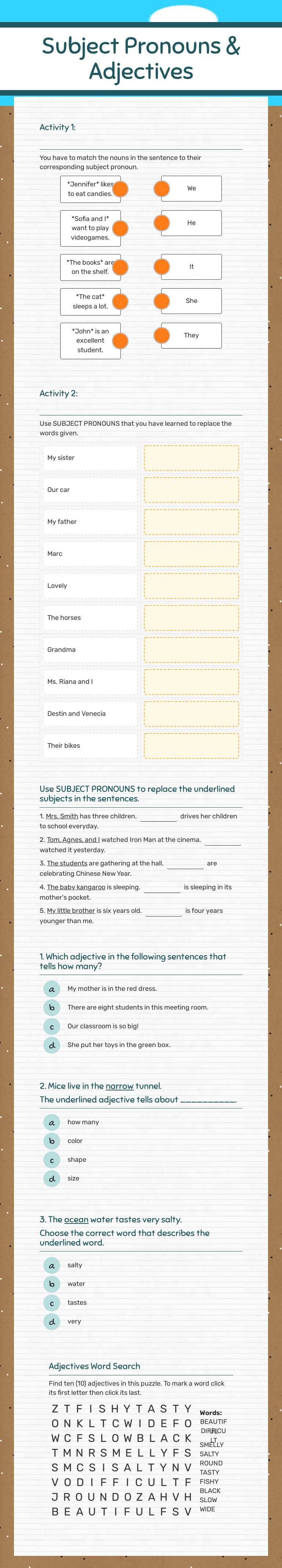 Subject Pronouns & Adjectives worksheet preview image
