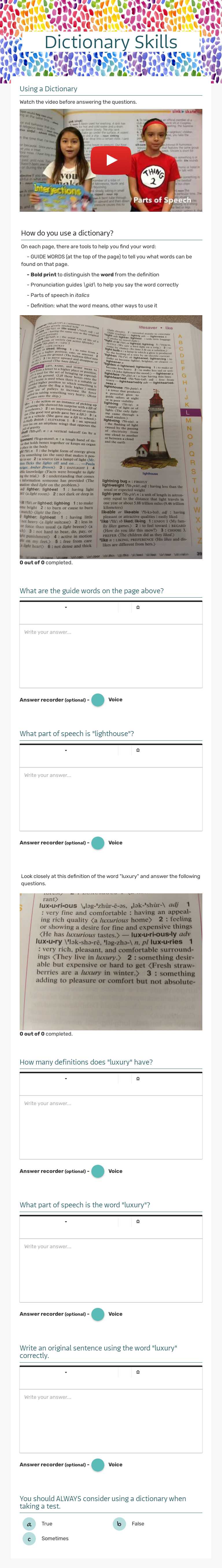 Dictionary Skills worksheet preview image