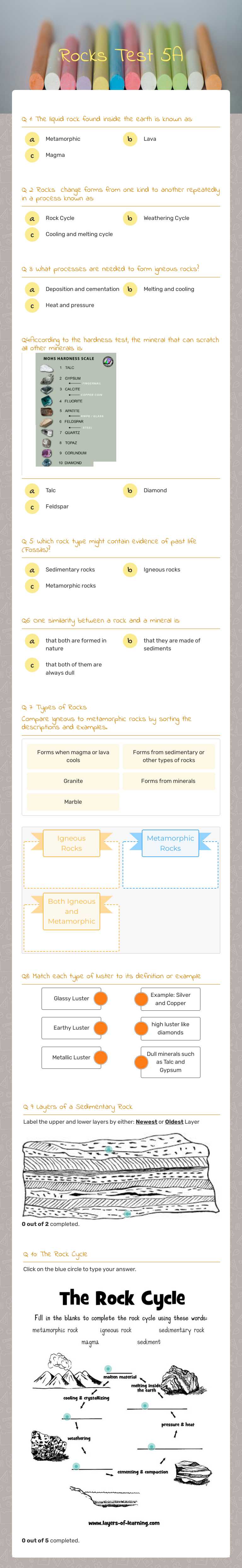 Rocks Test 5A Grade 5 worksheet preview