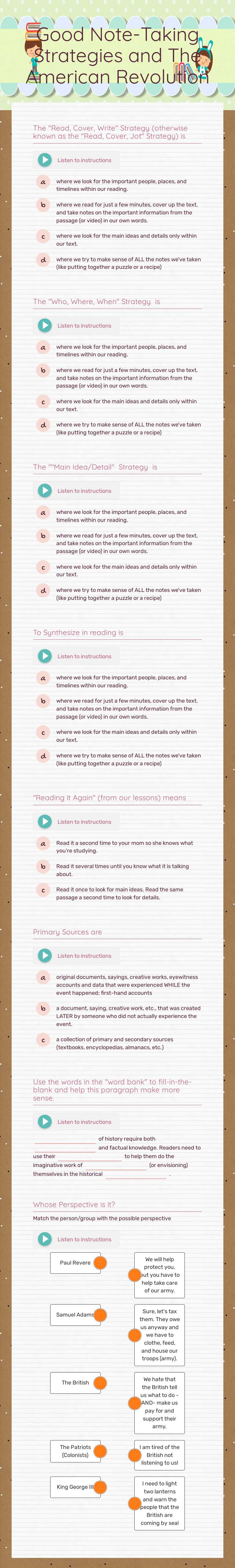 Good Note-Taking Strategies and The American Revolution worksheet preview image