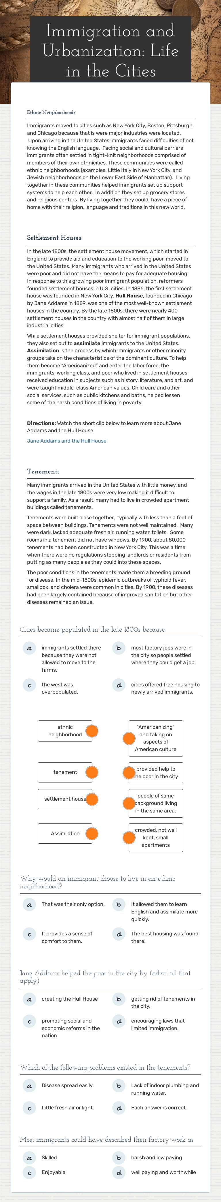 Immigration and Urbanization: Life in the Cities Grade 8 worksheet preview
