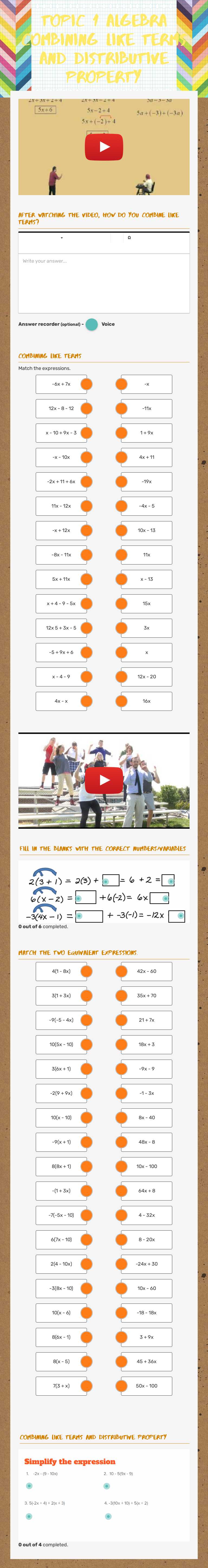 Topic 1 Algebra Combining Like Terms and Distributive Property worksheet preview image