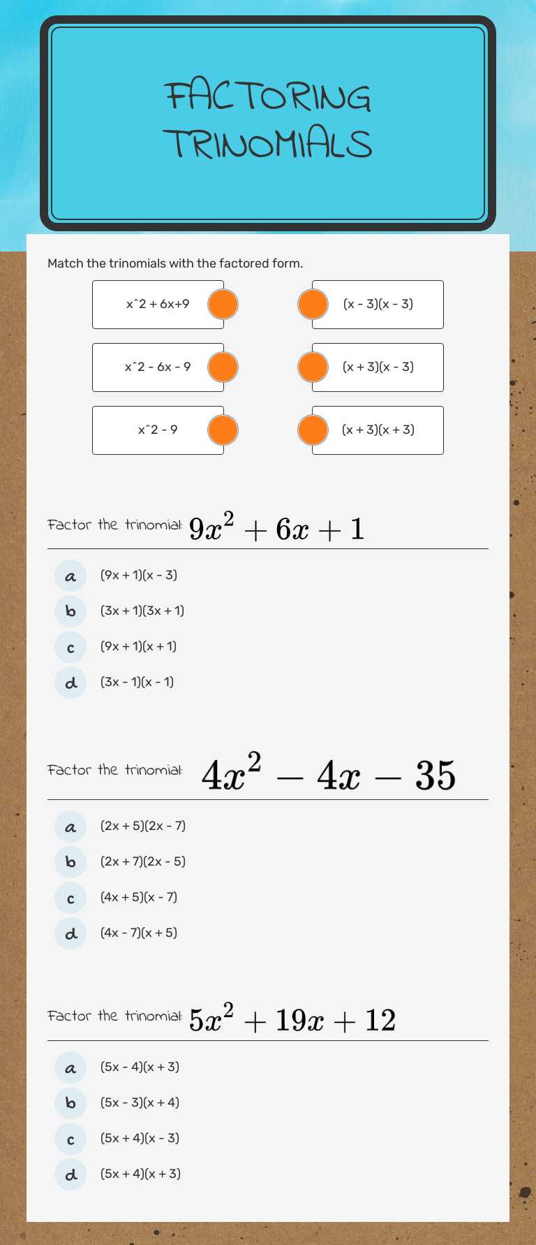 Factoring Trinomials Grade 10 worksheet preview