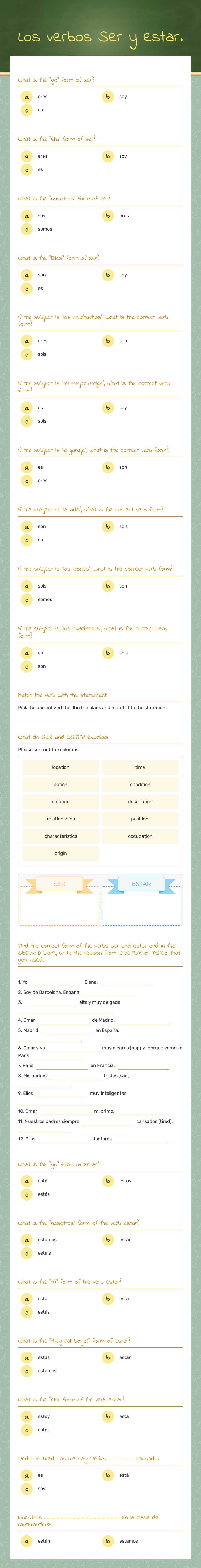 Los verbos Ser y estar. Grade 9 worksheet preview