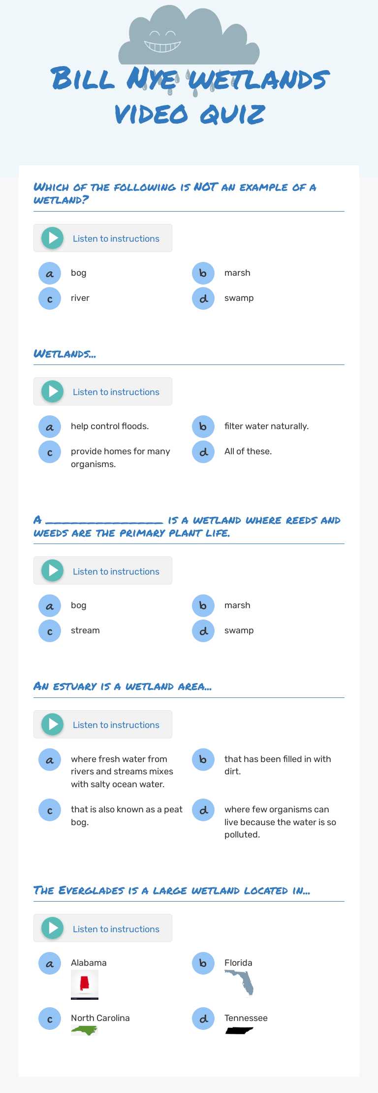 Bill Nye wetlands  video quiz Grade 4 worksheet preview