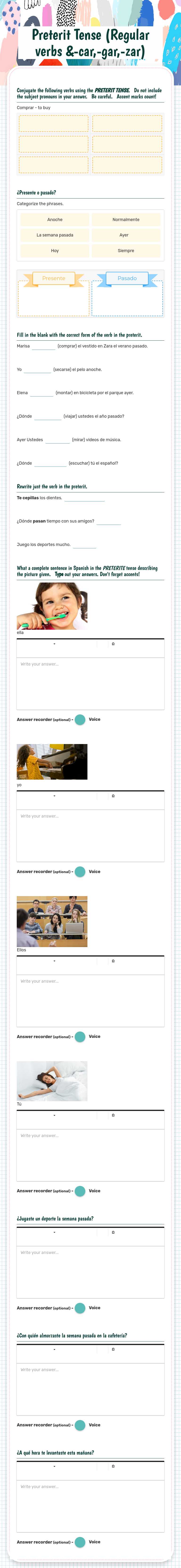 Preterit Tense (Regular verbs &-car,-gar,-zar) worksheet preview image