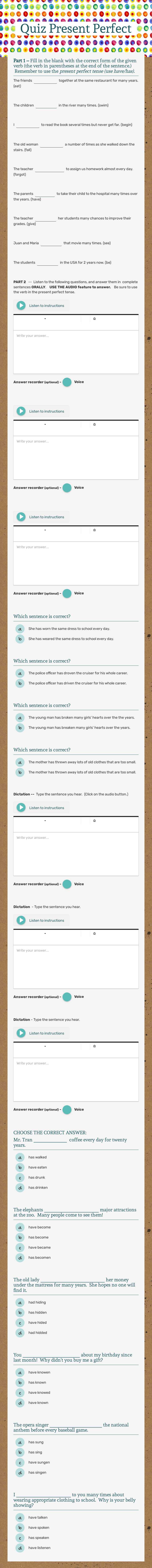 Quiz Present Perfect Grade 6 worksheet preview