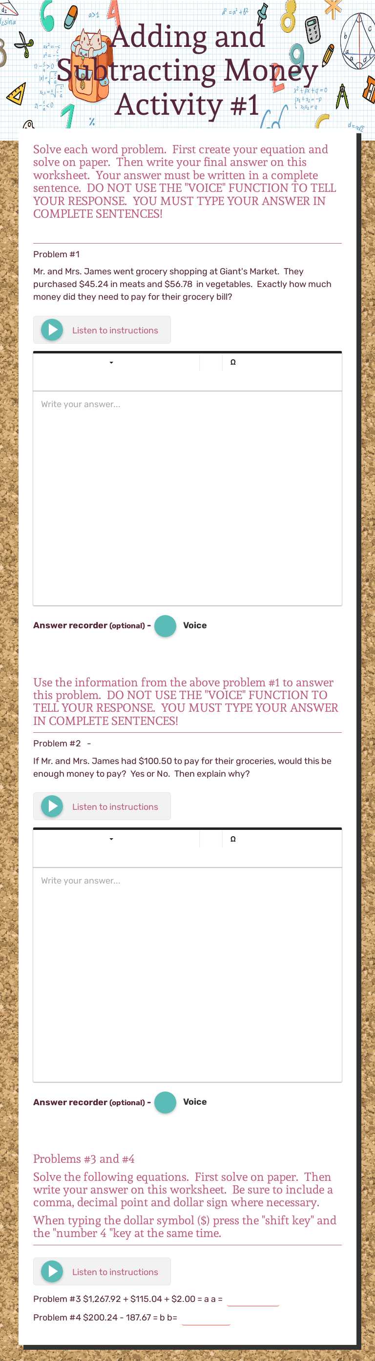 Adding and Subtracting Money Activity #1 Grade 4 worksheet preview